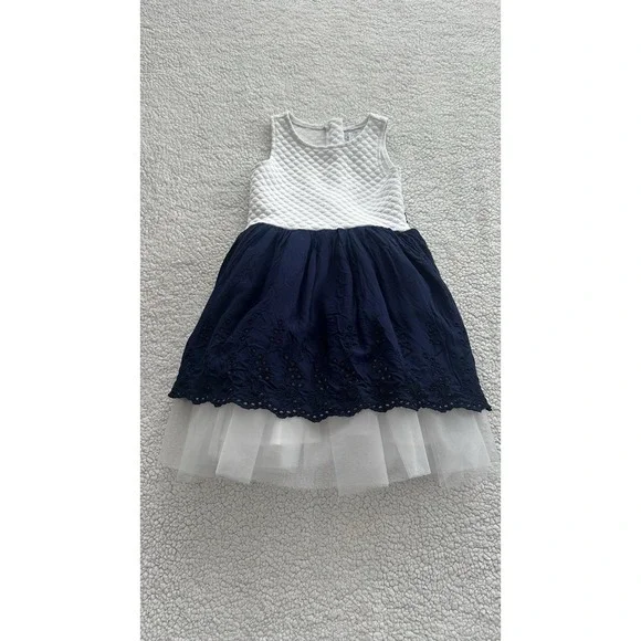 Girl's Blue & White Tulle Dress Fancy Bow Formal Size 5 Sleeveless Flower Party - Picture 4 of 13